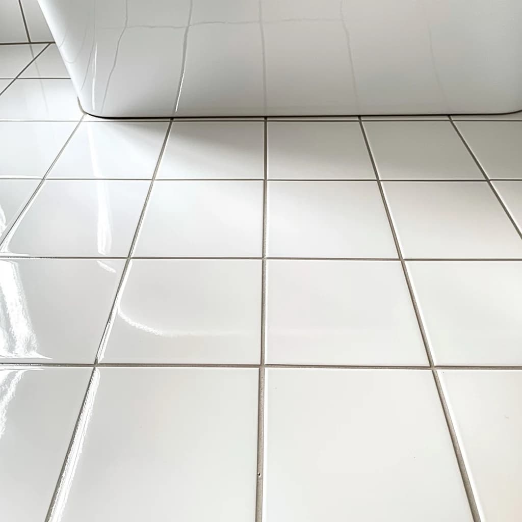 Gleaming white tile floor with freshly cleaned grout lines