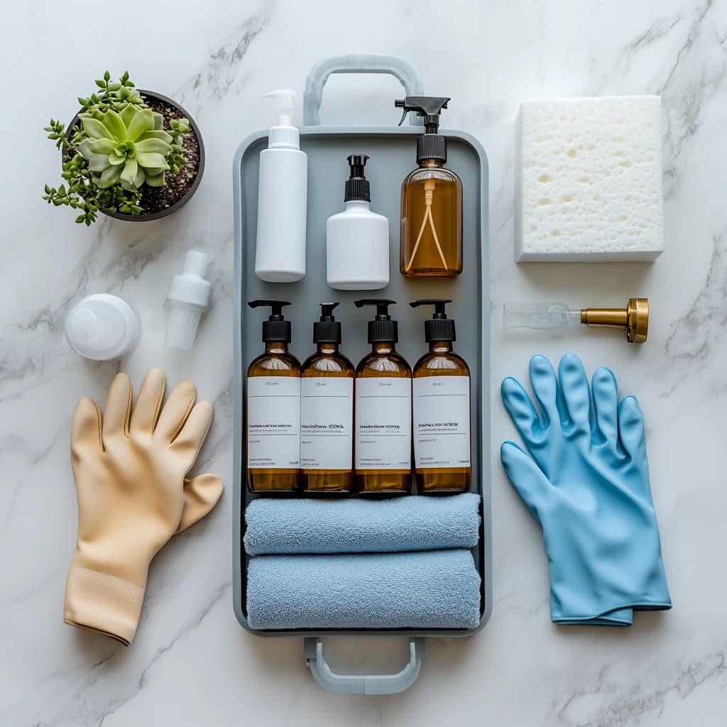 Freshly folded cleaning cloths and name-brand cleaning products laid out on marble