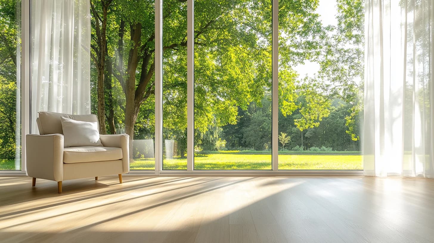 Sunlit room with spotless sliding glass doors opening onto a green lawn