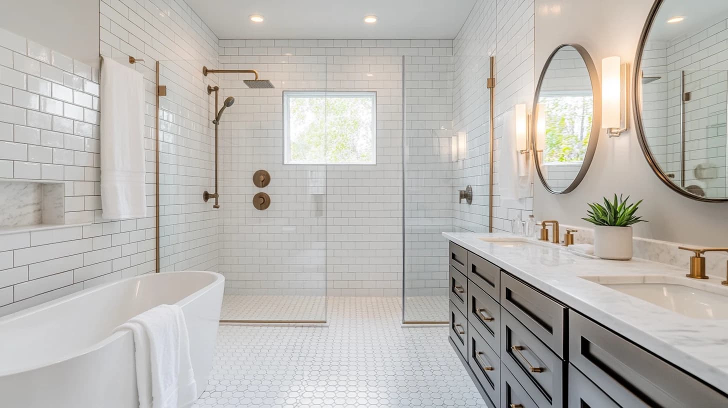 Spotless modern bathroom with white subway tile and gold fixtures