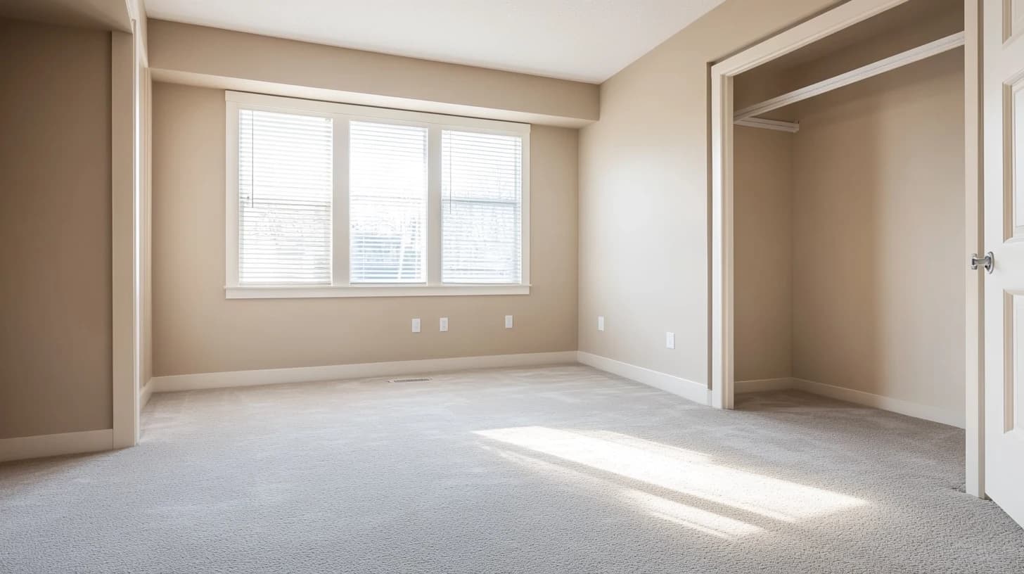 Empty, freshly cleaned room with carpet and bright windows, ready for move-in