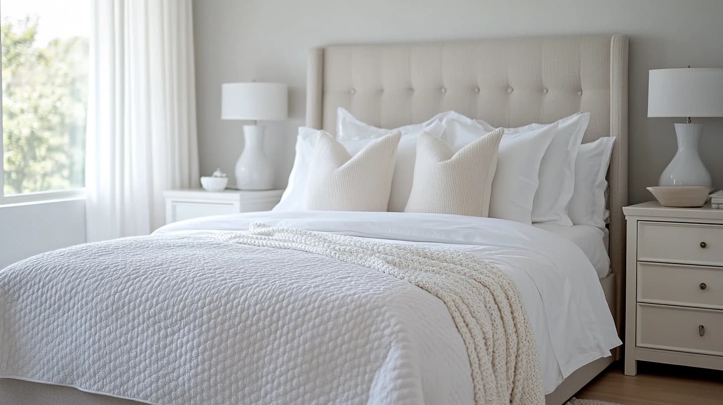 Crisp white bedroom freshly cleaned and made