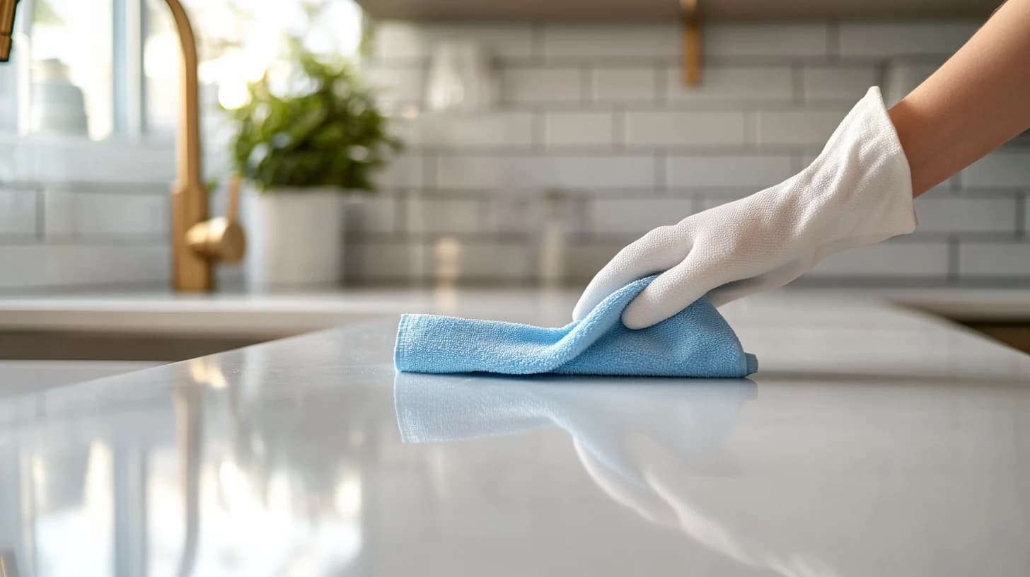 Gloved hand wiping a marble countertop with a blue microfiber cloth