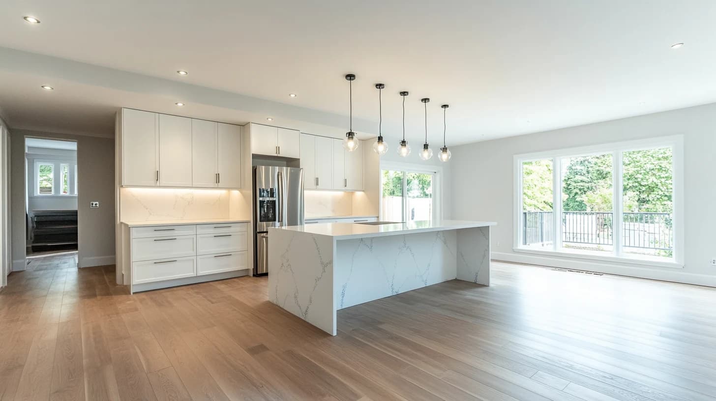 Newly built open-concept kitchen and living area after a post-construction clean