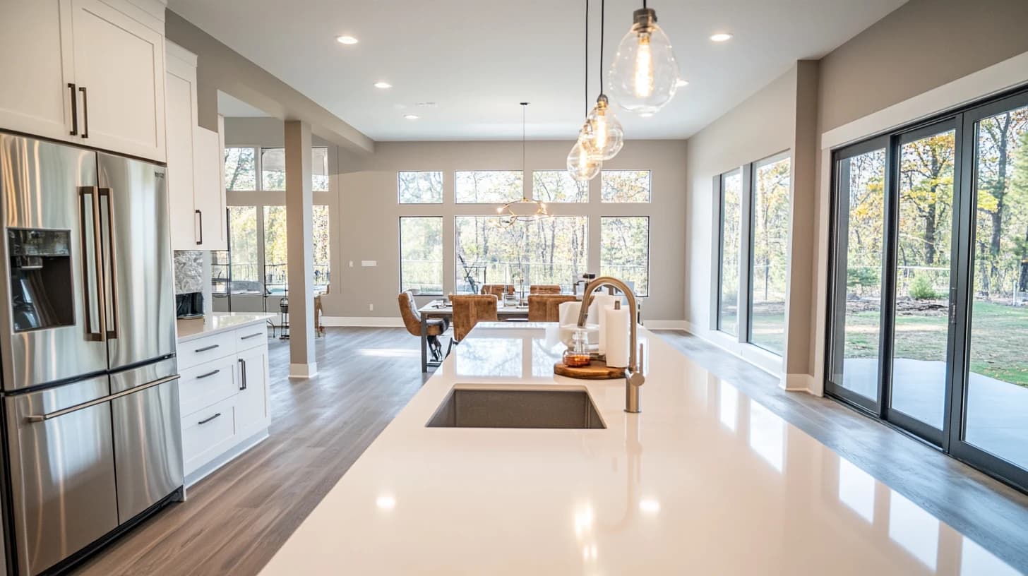 Newly renovated kitchen with gleaming white counters after post-construction cleaning