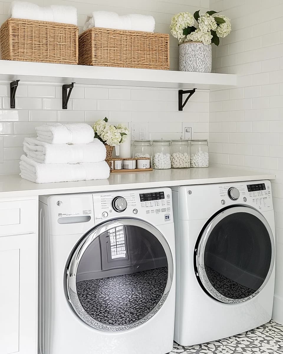Stacks of freshly laundered white towels above a front-loading washer and dryer