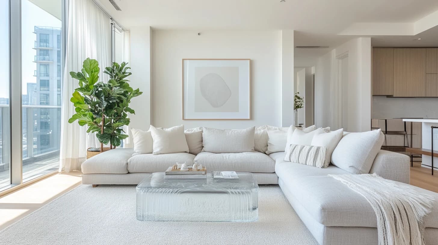 Bright, spotless living room with a white sectional sofa, cleaned by Master Cleaning Wizards